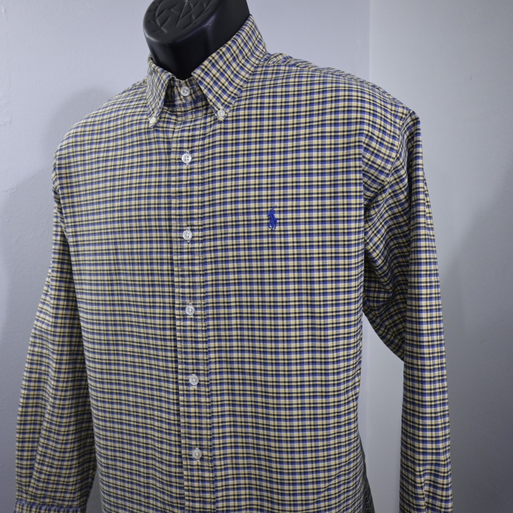 Ralph Lauren Button Up Dress Shirt Mens M Yellow Blue Plaid Blake Long Sleeve